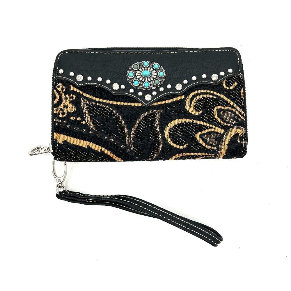 NWOT MONTANA WEST Black Brown Faux Leather Boho Bling Western Wallet Clutch